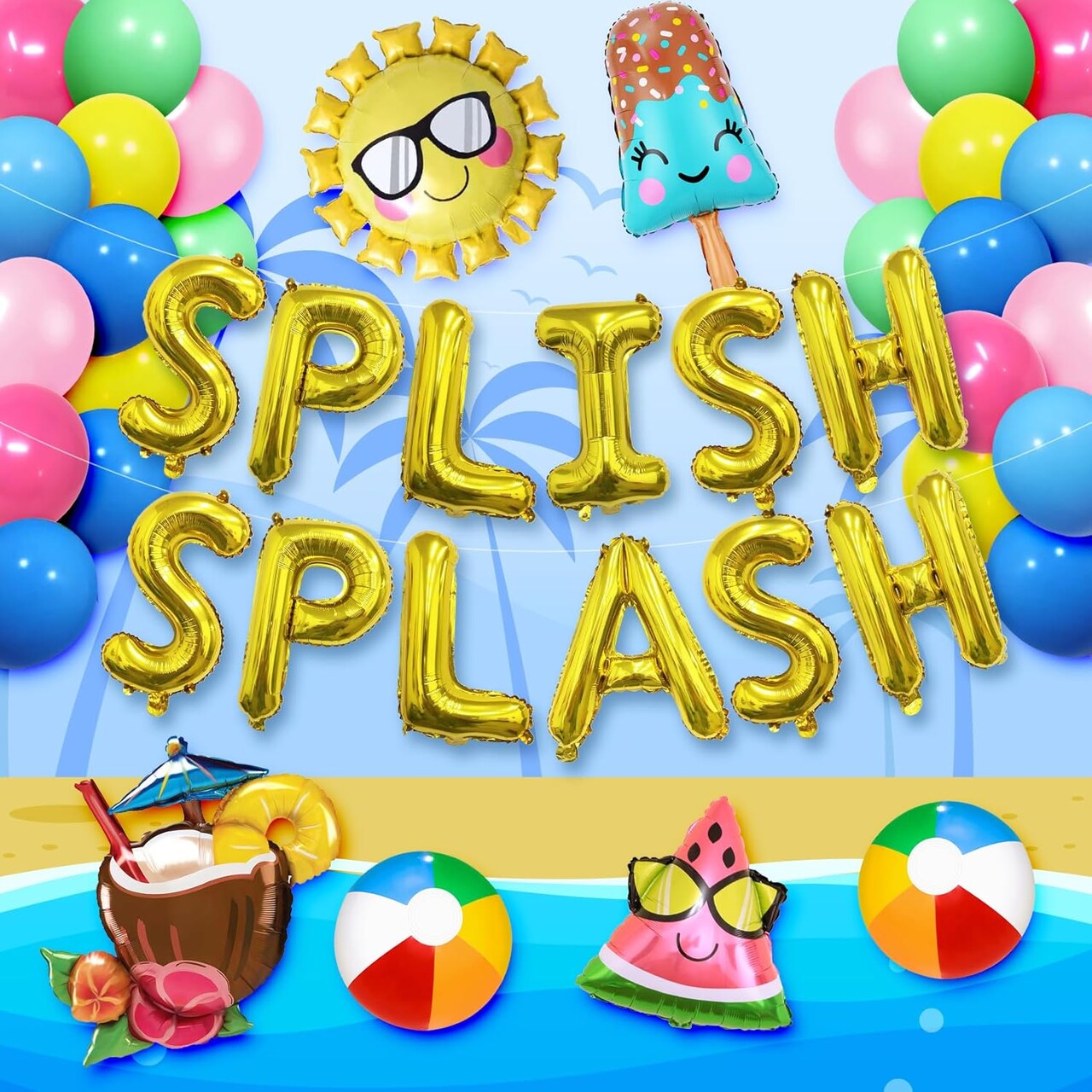 Splish Splash Summer Birthday Decorations Balloons and Banner